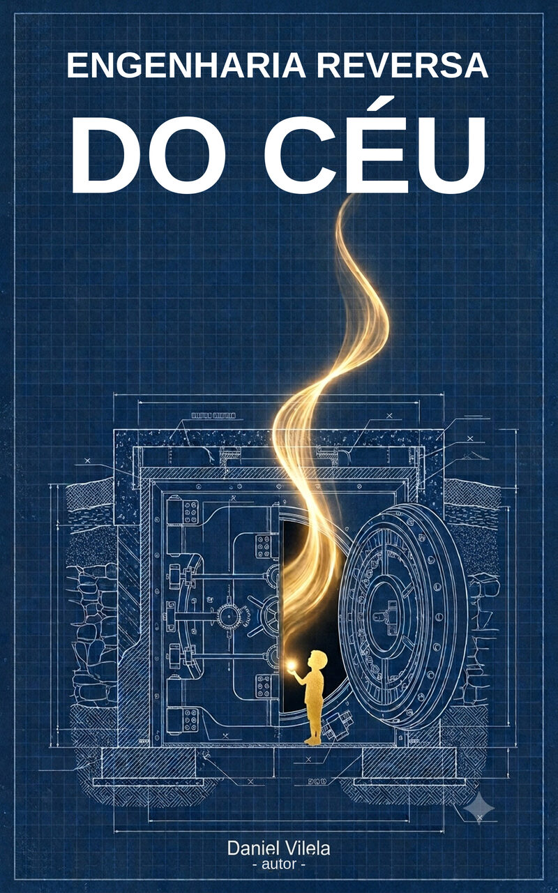 Capa de Engenharia Reversa do Céu — um cofre de banco desenhado como corte de planta técnica, porta aberta, uma criança no vão segurando uma pequena luz, luz dourada subindo de dentro do cofre.